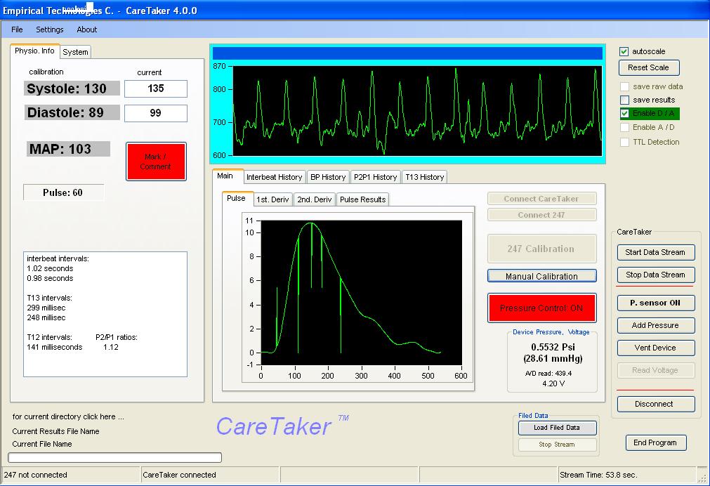 Figure 3a: Display screen of CareTaker processing blood pressure data stream Figure 3b: Calibration dialog box The NIBP-MRI device is controlled from and streams data to the software running on a PC