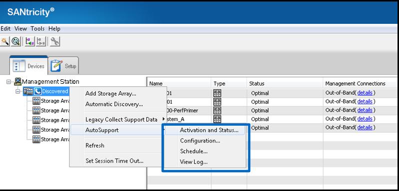 collected. This feature can be managed globally from the EMW, or individual storage systems can be managed from the AMW. Figure 35 shows the management options available from the EMW.