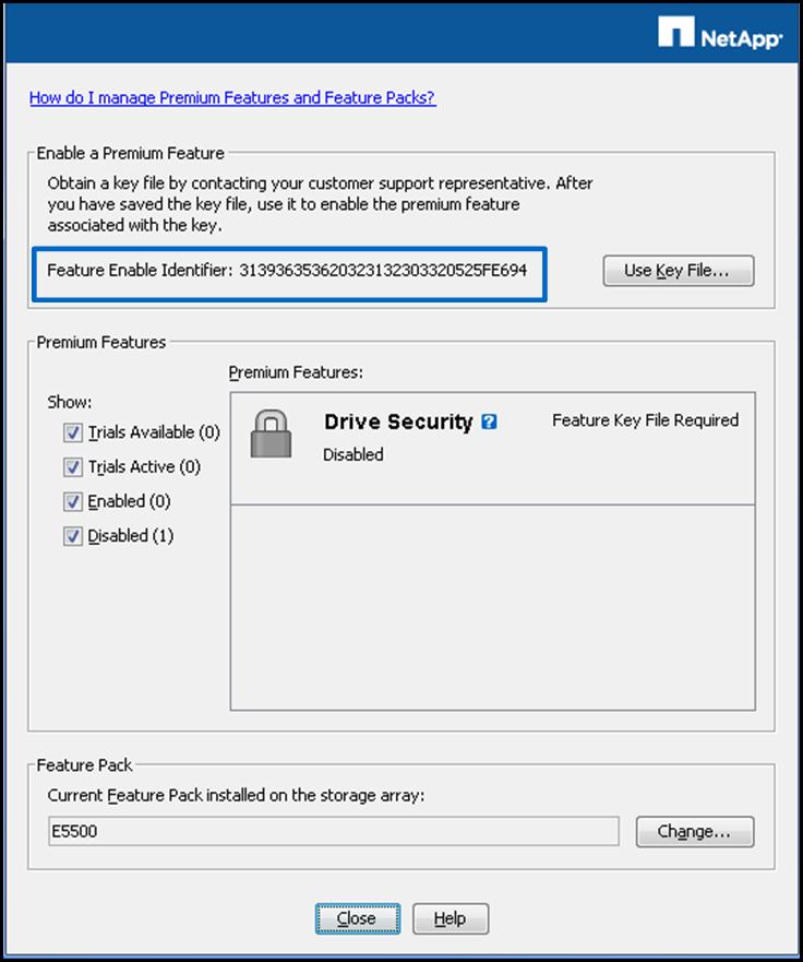 Figure 36) SANtricity 11.10 Premium Features and Feature Pack information dialog box.