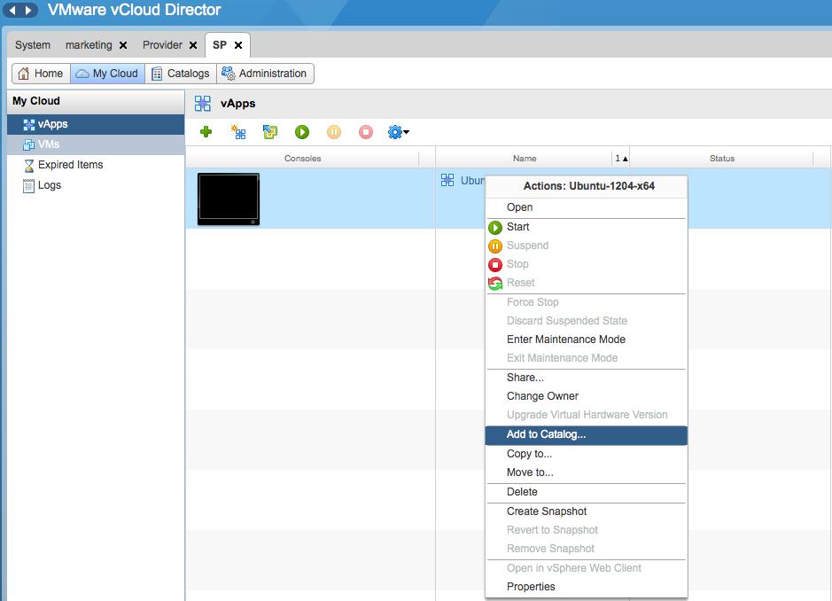 4. After the vcloud administrator has completed the basic build operation, the vapp is ready to be