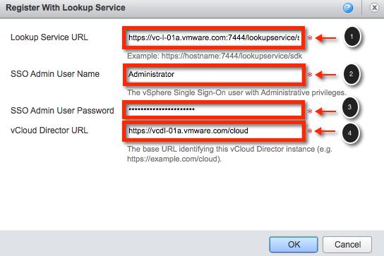 3. Enter the Lookup Service URL for the vcenter server with which you want this vcloud Director to SSO: <qualified domain name of vcenter-server>:7444/lookupservice/sdk 4.