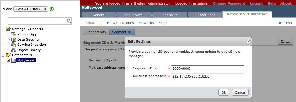4. Click Edit, and enter the segment ID pool and multicast address for vcloud Networking and Security to use to provide the VXLAN network segmentation.