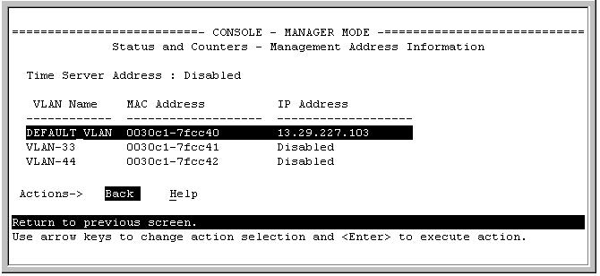 Monitoring and Analyzing Switch Operation Switch Management Address Information Monitoring and Analyzing Switch Operation Status and Counters Data Menu Access From the Main Menu, select: 1 Status and