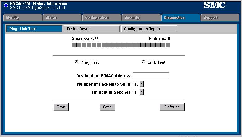 Troubleshooting Troubleshooting Diagnostic Tools Web: Executing Ping or Link Tests 1. Click here. 2. Click here. 3. Select Ping Test (the default) or Link Test 4.