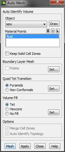 Volume mesh Click on Auto Mesh in the Volume Mesh Group Change the Object to sew