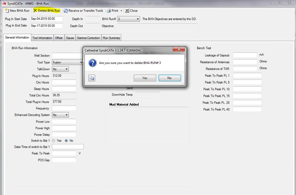Delete BHA Run Click on Delete BHA Run menu button on the SyndiCATe main window for MWD will delete the