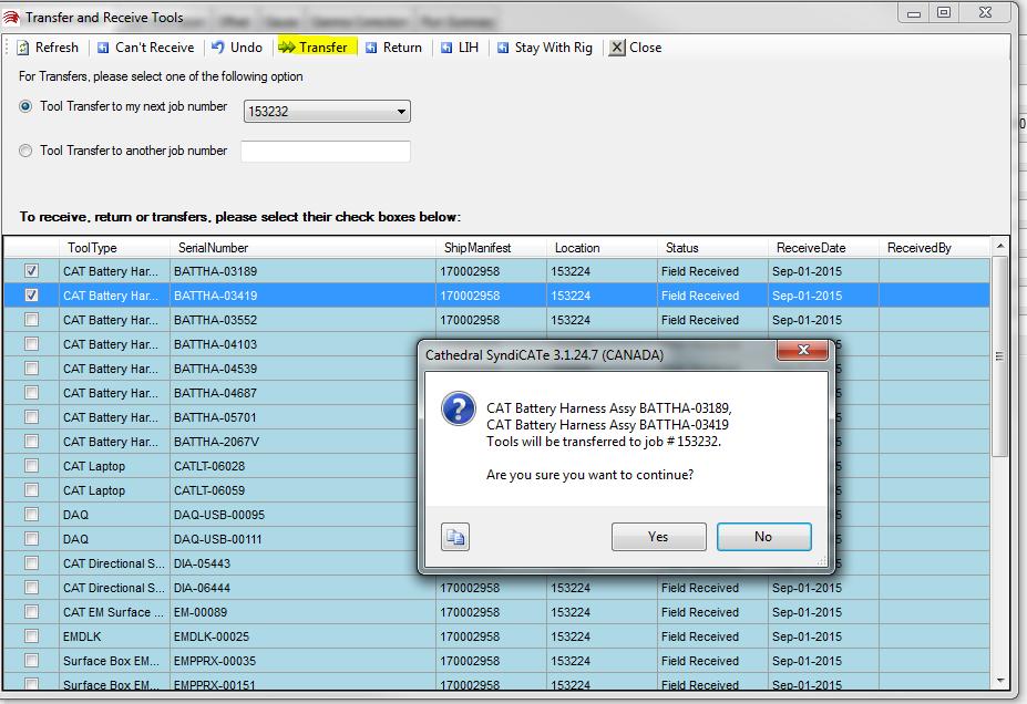 Transfer a tool Select the Field Received status tools, click on Transfer menu button from the Transfer and Receive Tools window to transfer the selected tools.