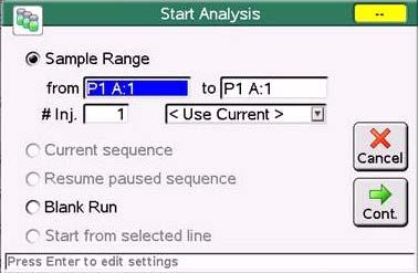 2 Working with the Instant Pilot Sequence - Automating Analyses Starting and Stopping a Sequence When you press Start, the Start Analysis dialog pops up where you can select between setting up a