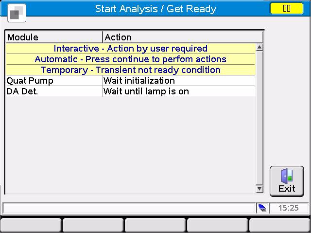 Yellow status indicates a not ready condition Exits this screen Continues will start all activities automatically to get the system ready Current actions