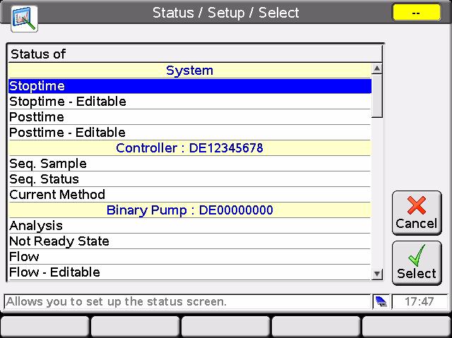Start-up Information 1 Status Information leaves this screen without changes. select a signal/parameter. Figure 28 Status Screen (Select) From this list select a signal/parameter and press Select.