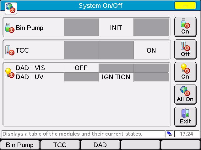 1 Start-up Information Turning Modules ON/OFF/Standby Turning Modules ON/OFF/Standby To switch a module ON or OFF or into STANDBY, press Control from the Welcome/Method/Status/Logbook screen.