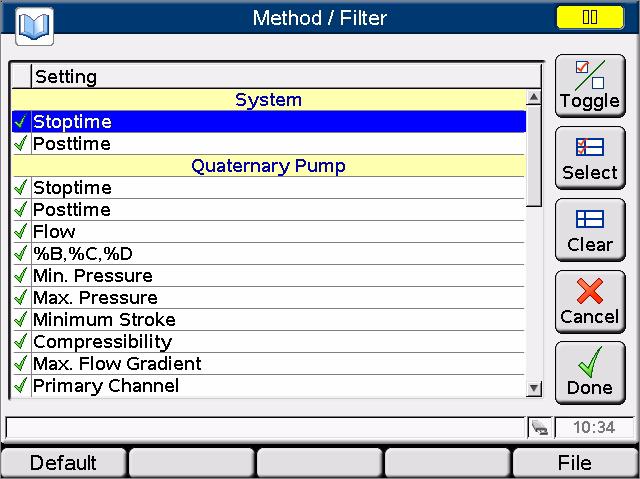 2 Working with the Instant Pilot Working with Methods Filtering Method Information When a Filter is selected, only the parameters that are selected in this filter are shown on the Method screen.