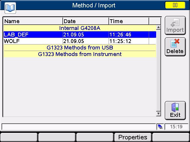 Working with the Instant Pilot 2 Working with Methods Import of Methods This functions allows the import of G1323 Control Module methods stored on the instrument or on the USB Flash Drive.
