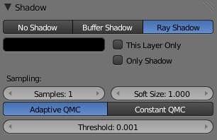 Shadows Shadow panel set to Ray Shadow Spotlights can use either ray-traced shadows or buffered shadows. Either of the two can provide various extra options.