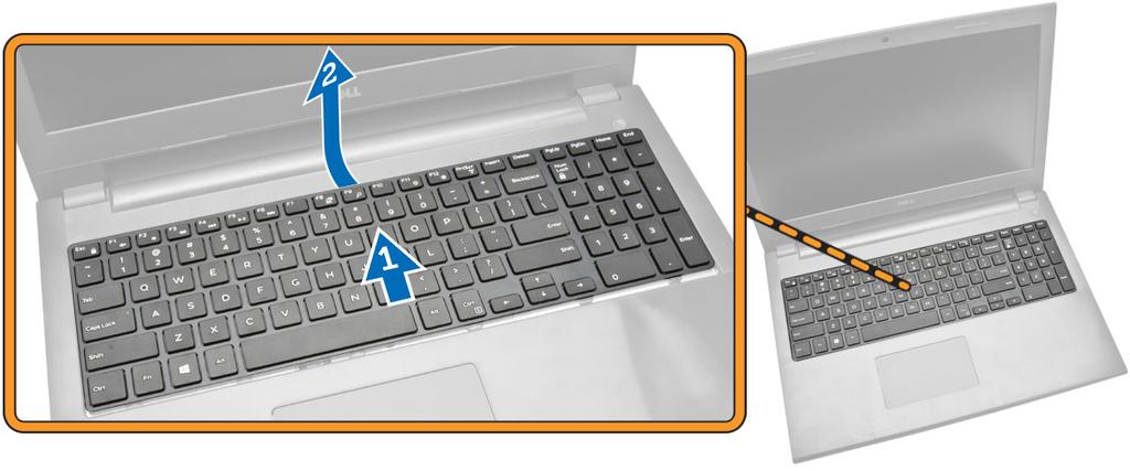 Perform the following steps as shown in the illustration: a. Slide the keyboard from the computer [1]. b.