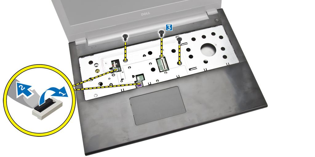 6. Perform the following steps as shown in the illustration: a. Flip the computer and disconnect the touchpad and power cables by pressing locking tab [1]. b. Lift the touchpad and power cables from locking tab [2].