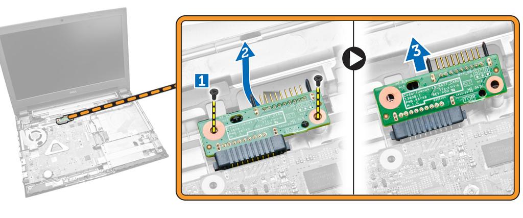 a. Remove the screws that secure the battery connector to the computer [1]. b. Lift the battery connector partially to a 45-degree angle [2]. c. Remove the battery connector from the computer [3].