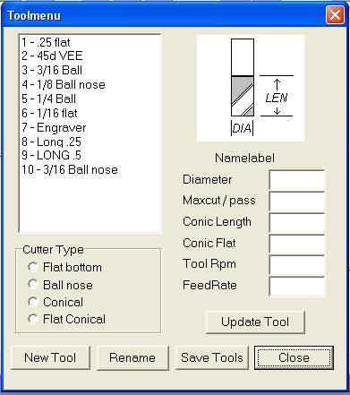 Zoom Popup menu Click the right mouse button to activate the Zoom sub-menu Defining Tools Surfer 3d allows you to use to use any diameter and 4 different standard tool shapes to machine your part.