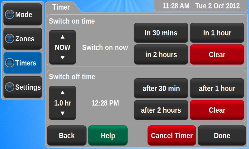 Press TIMERS to display the following screen: ON/OFF Timer (Only present on systems with