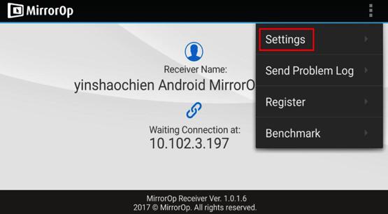 Google Play store. Open the MirrorOp Receiver app.