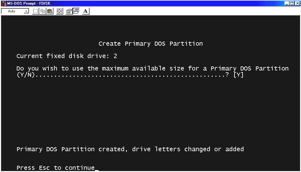 8. Select Y and Enter to use the maximum available size for a Primary DOS Partition. 9.