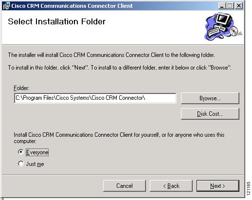 Installing Cisco CCC for Cisco CME Cisco CRM Communications Connector for Cisco CallManager Express Step 4 On the Select Installation Folder window (Figure 17), click