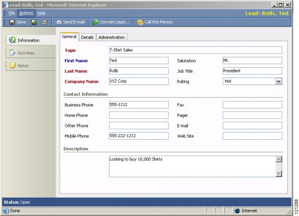 Cisco CRM Communications Connector for Cisco CallManager Express Using Cisco CCC for Cisco CME A Microsoft CRM customer record window (Figure 32) allows quick access to each of the types of data that