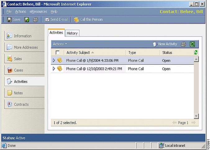 Using Cisco CCC for Cisco CME Cisco CRM Communications Connector for Cisco CallManager Express Activities Cisco CCC stores knowledge of phone calls to and from customers under the Activities tab