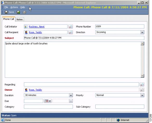 Cisco CRM Communications Connector for Cisco CallManager Express Using Cisco CCC for Cisco CME Phone Call Activity Figure 34 shows an activity window for an incoming phone call.