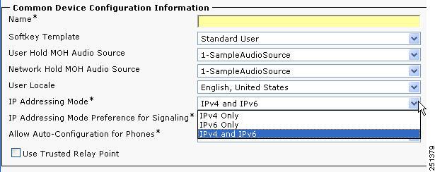Chapter 3 v6 Support in Cisco Unified Communications Devices Cisco Unified Communications Configuration Parameters and Features for v6 Figure 3-6 Setting the Phone Addressing ode If v6 is enabled in