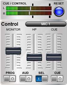 4) Control and Studio Monitoring Sections: The CUE vumeter (or the control monitoring bus vumeter, when there are no channels sent to CUE), together with a button implementing