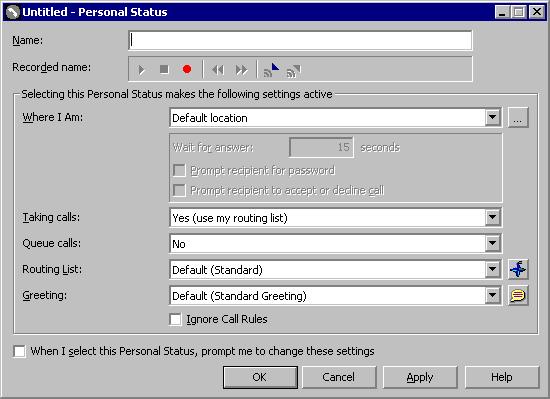 To create a custom personal status 1. Choose File > New > Personal Status. The Personal Status dialog box opens. 2. Enter a name for the personal status. 3.