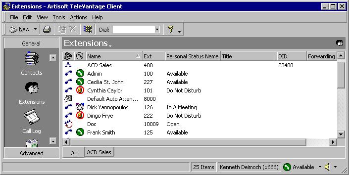 The Extensions view The Extensions view lists each TeleVantage user and all other TeleVantage extensions, along with information about the current status of the extensions.