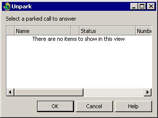 To answer a parked call from any Client program 1. Click Tools > Unpark. The Unpark dialog box opens. Muting a call 2. Select the call that you want to unpark and answer and click OK.