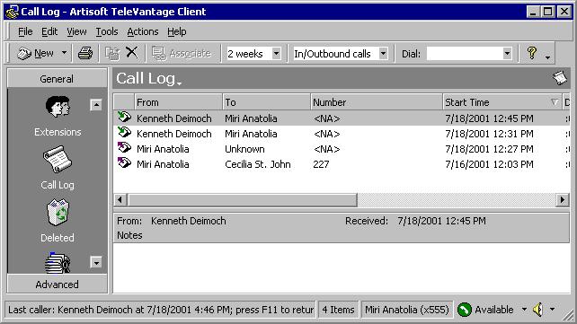 The Call Log view The Call Log view contains a record of all incoming and outgoing phone calls associated with your extension.