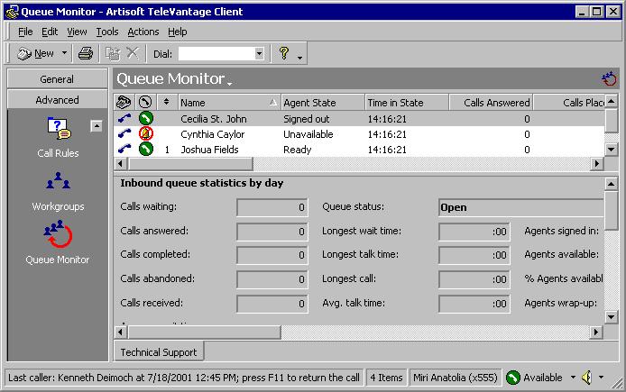 To open the ueue Monitor view, click its shortcut in the Advanced section of the view bar. Each queue for which you have permission to view statistics appears as a tab at the bottom of the view.