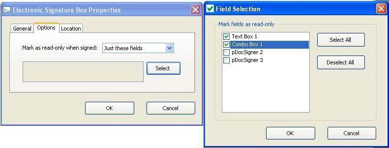 2. Options Tab The options tab of the electronic signature box properties window allows the user to specify the form fields in the PDF that become
