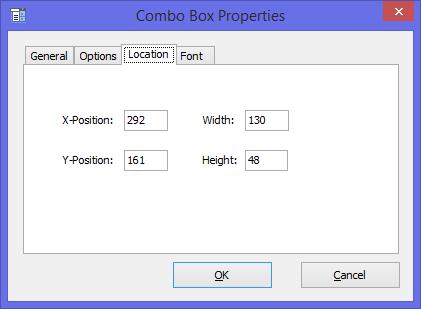 3. Location Tab The location tab in the combo box properties window allows the user to change the location of the combo box at any point of time.