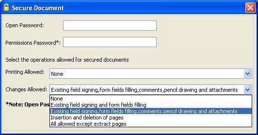 Existing field signing and form fields filling: If the user selects the Existing field signing and form fields filling option, the secured document will allow existing form field filling and signing