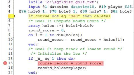 Any breakpoints that are set in the debugging session are displayed as red circles in the left margin. The code on a line where a breakpoint is set is highlighted with a red background. Figure 5.