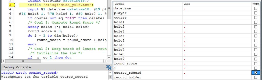 Launch the debugger to investigate why the course_record and record_holder variables are never set. You can use the WATCH command to track any changes made to the course_record variable.