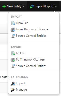 7. From thethingworx Composer, navigate to Import/Export Import. 8. The Import Extensions window appears. 9. Navigate to the ZIP file, and click Import. 10. Click Close.