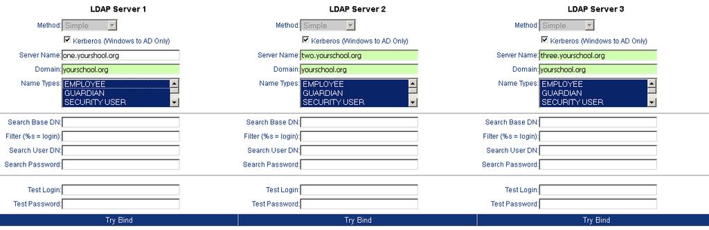 LDAP Server Configuration Examples Configure LDAP: Windows Active Directory LDAP Kerberos Example 1. Select Kerberos (Windows to AD Only) 2. Enter (3) Windows Domain Controllers Server Names.