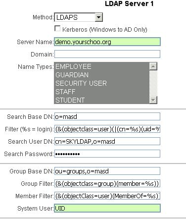 Configure LDAP: Secure LDAPS Group Example (Novell edirectory) 1. Enable the Use Groups Configuration option. 2. Select LDAP/LDAPS. 3. Enter the Server Name and select name types. 4.