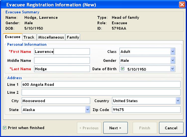 Evacuee Registration Information (New) The Evacuee Summary remains at the top of the input screen while information is added on the four tabs.