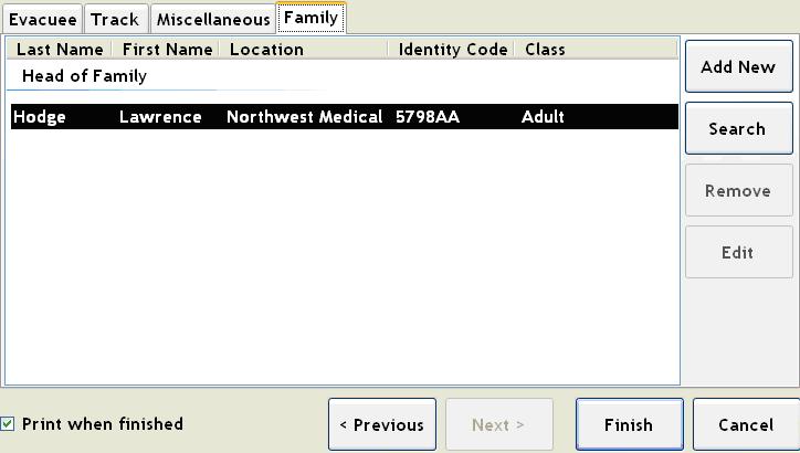Evacuee Registration Information (New) Family Tab To add a new family member and attach the person to the Head of Family record either scan a triage tag from this screen or click on the Add New