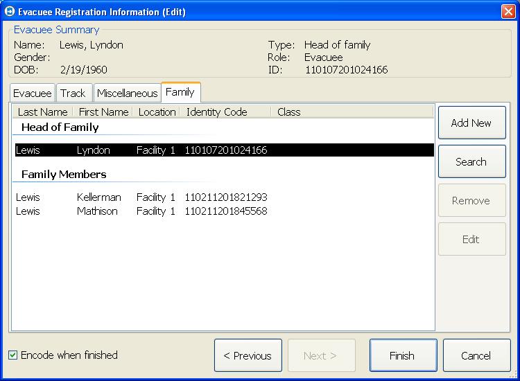 Encode from the Family Tab Encode To encode from the Family tab, highlight the person and click the Finish button with the