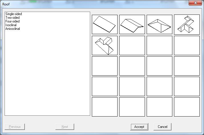 Using the Draw Special Elements menu, including the items shown on the right, the user can create Roofs, Staircases, Chimney, Rails, Vertical Parts (Gables) and Ramps.