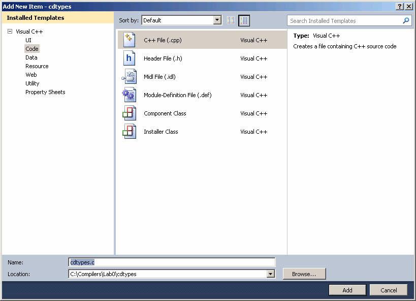 Figure 12. Adding a New Source File. 5. Compiling a C program In Solution Explorer select the C file you want to be compiled, right-click and select Compile (or press Ctrl-F7).