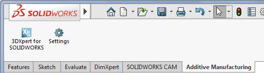 1. Load Manifold_.SLDPRT to SOLIDWORKS from the folder that it was downloaded to. 2. From the Additive Manufacturing tab pick 3XPert for SOLIDWORKS command.